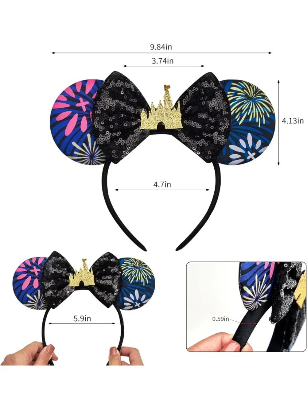 Women Black Gold Sequin Handmade Mickey Mouse Headband 2 Pieces